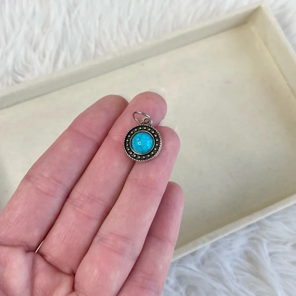 Blue Horizon Turquoise Medallion Charm –Silver Tone Pendant